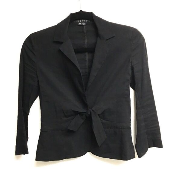 THEORY Galina Linen Crunch Cropped Tie-Front Blazer Black 00 - Picture 1 of 6